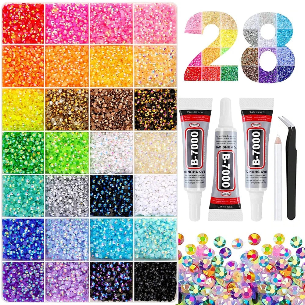 A grid of colorful flat-back rhinestones and glitter for DIY crafts projects