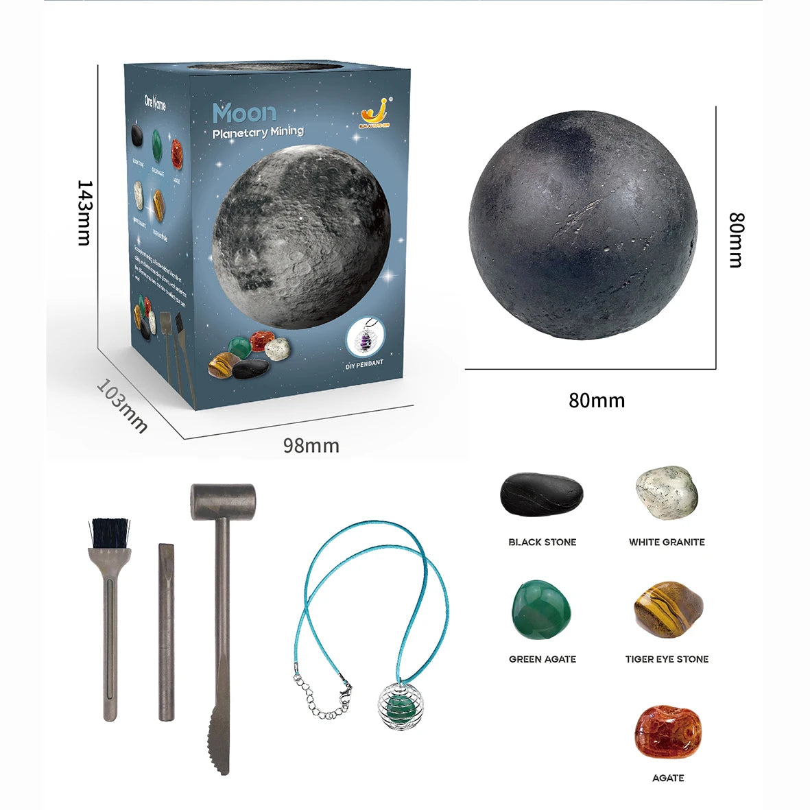 A box containing a planet model and various stones like black stone, white granite, green agate, and tiger eye stone.