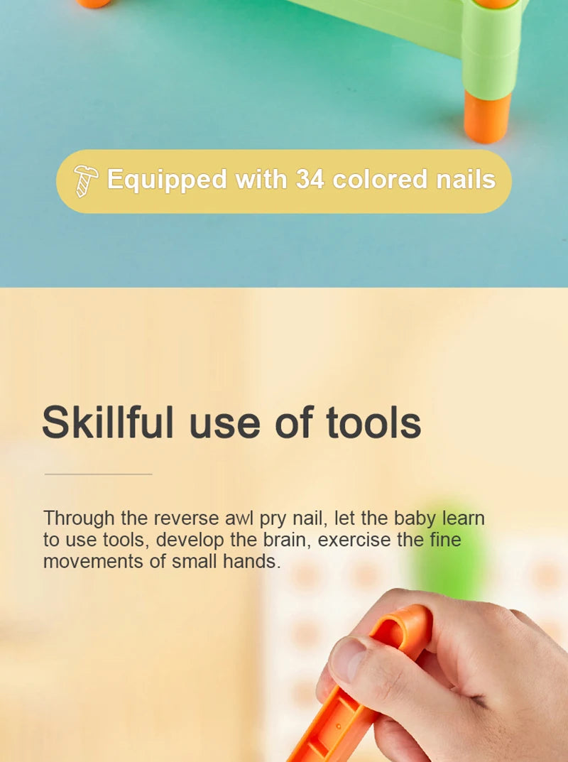 A hand is shown using an orange toddler hammer nail toy for fine motor development.