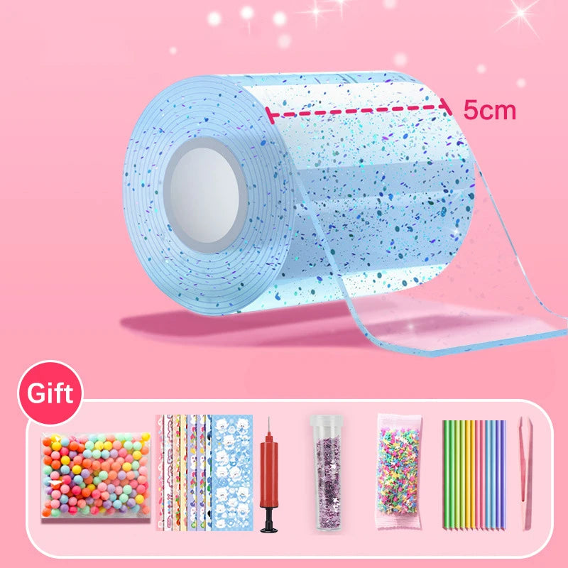 Roll of blue clear tape with glitter and bubbles for DIY craft kit