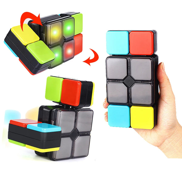 A handheld fidget puzzle cube with multiple colored blocks, lights, and a music feature being manipulated by a hand.