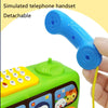 A blue detachable simulated telephone handset is shown next to a green interactive bus car toy.
