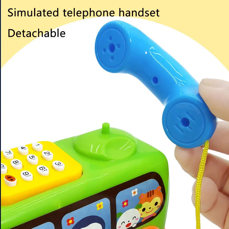 A blue detachable simulated telephone handset is shown next to a green interactive bus car toy.