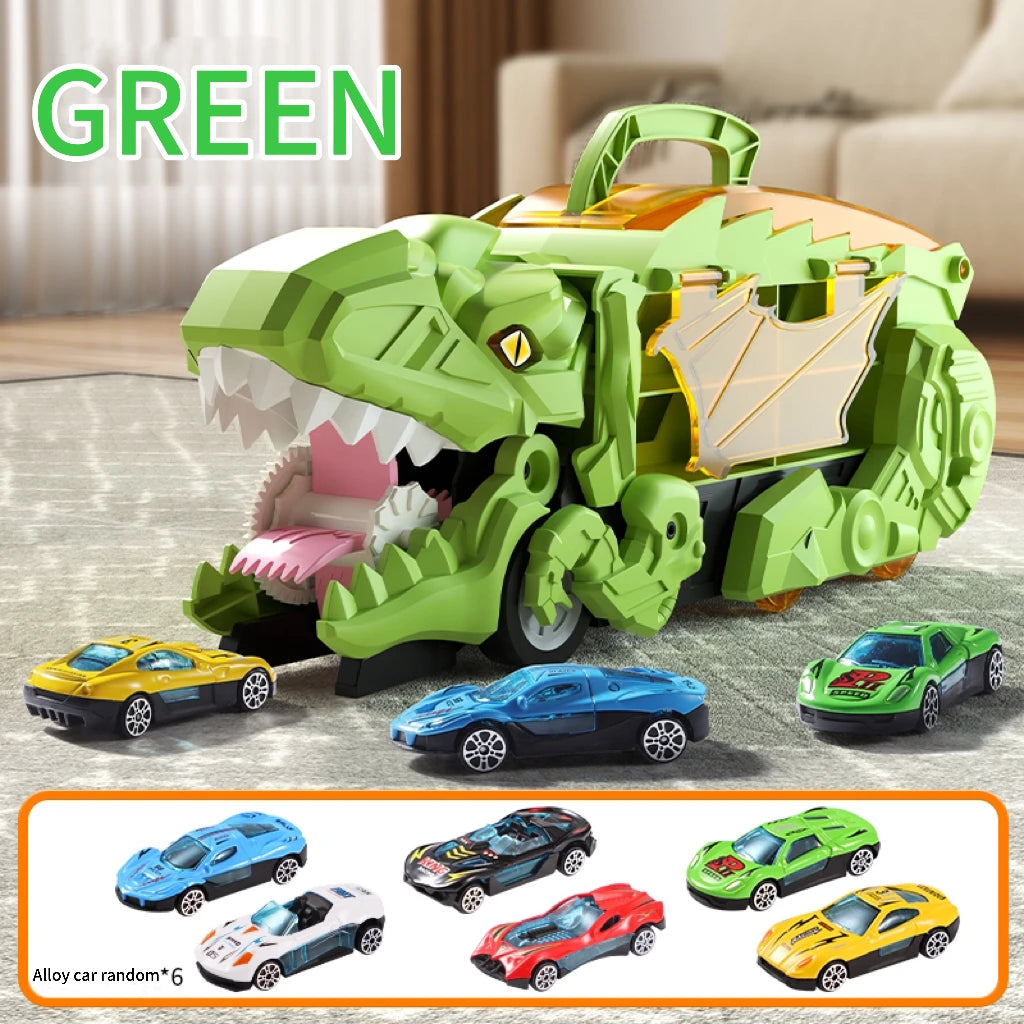 A green T-Rex dinosaur toy car with sliding and storage features shown alongside other colored cars.