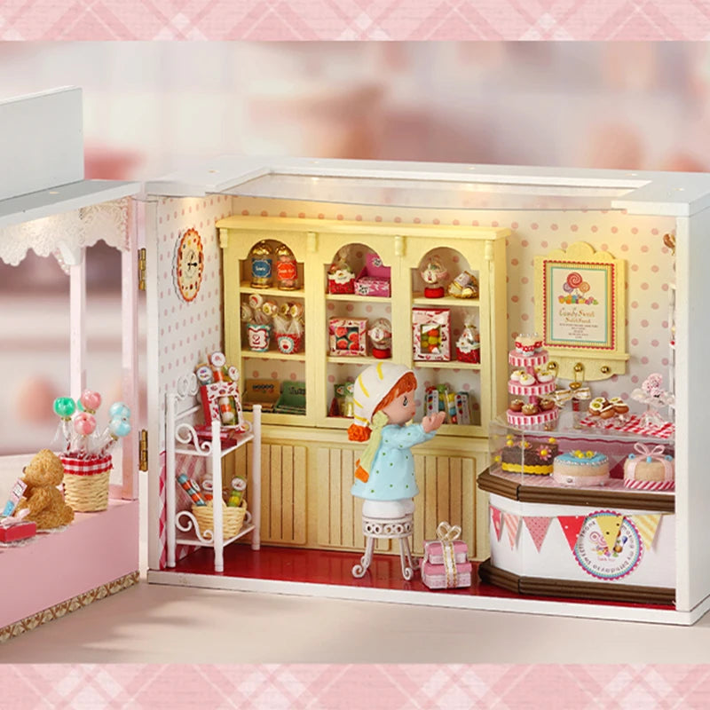 Wooden Dollhouse Kit with Furniture and Lighting