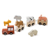A set of wooden train cars featuring various animal figures like a horse, cow, rabbit, and truck for educational play.
