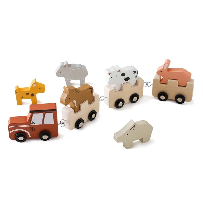 A set of wooden train cars featuring various animal figures like a horse, cow, rabbit, and truck for educational play.
