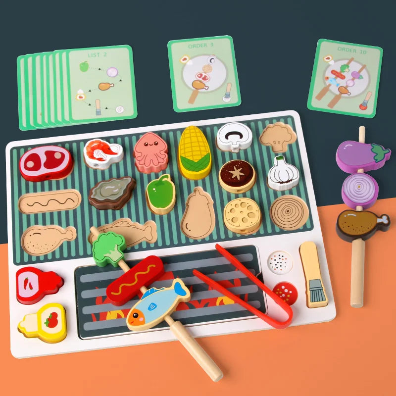 A wooden BBQ playset with matching game featuring various food items and wooden utensils for toddlers.