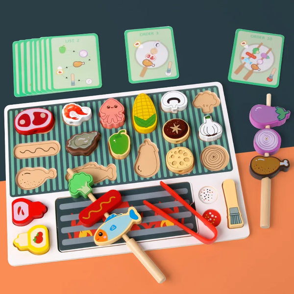 A wooden BBQ playset with matching game featuring various food items and wooden utensils for toddlers.