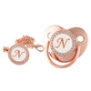 Rose gold bling baby pacifier clip with silicone holder featuring a letter N