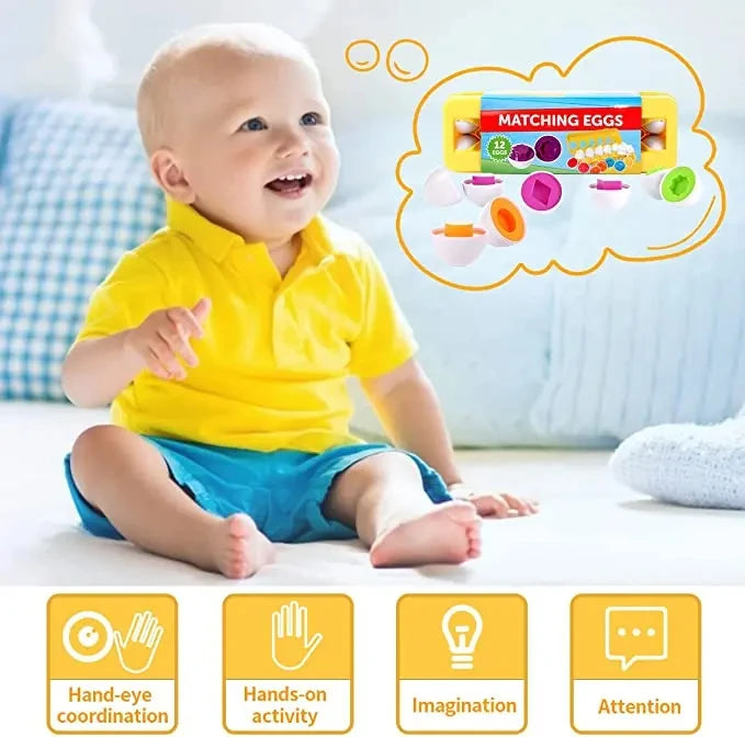 A baby is playing with a set of matching eggs for shape and color sorting activities.