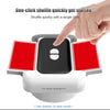 A hand is shown using a single click to start shuffling cards in a white poker machine device.