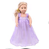 A blonde doll wearing a purple sheer dress with lace detailing and a yellow flower accessory.