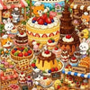 A variety of sweet desserts and baked goods including cupcakes, cakes, pies, puddings, and candies displayed in a market sett