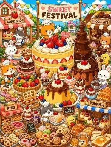 A variety of sweet desserts and baked goods including cupcakes, cakes, pies, puddings, and candies displayed in a market sett