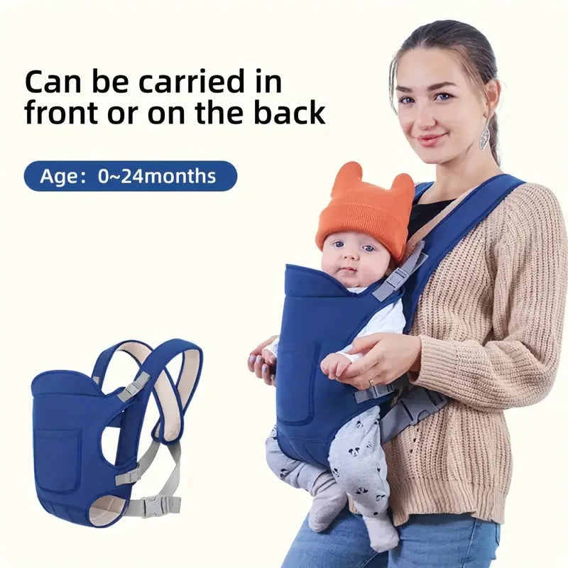 A woman is holding a blue baby carrier sling designed for infants, demonstrating it can be carried in front or on the back.