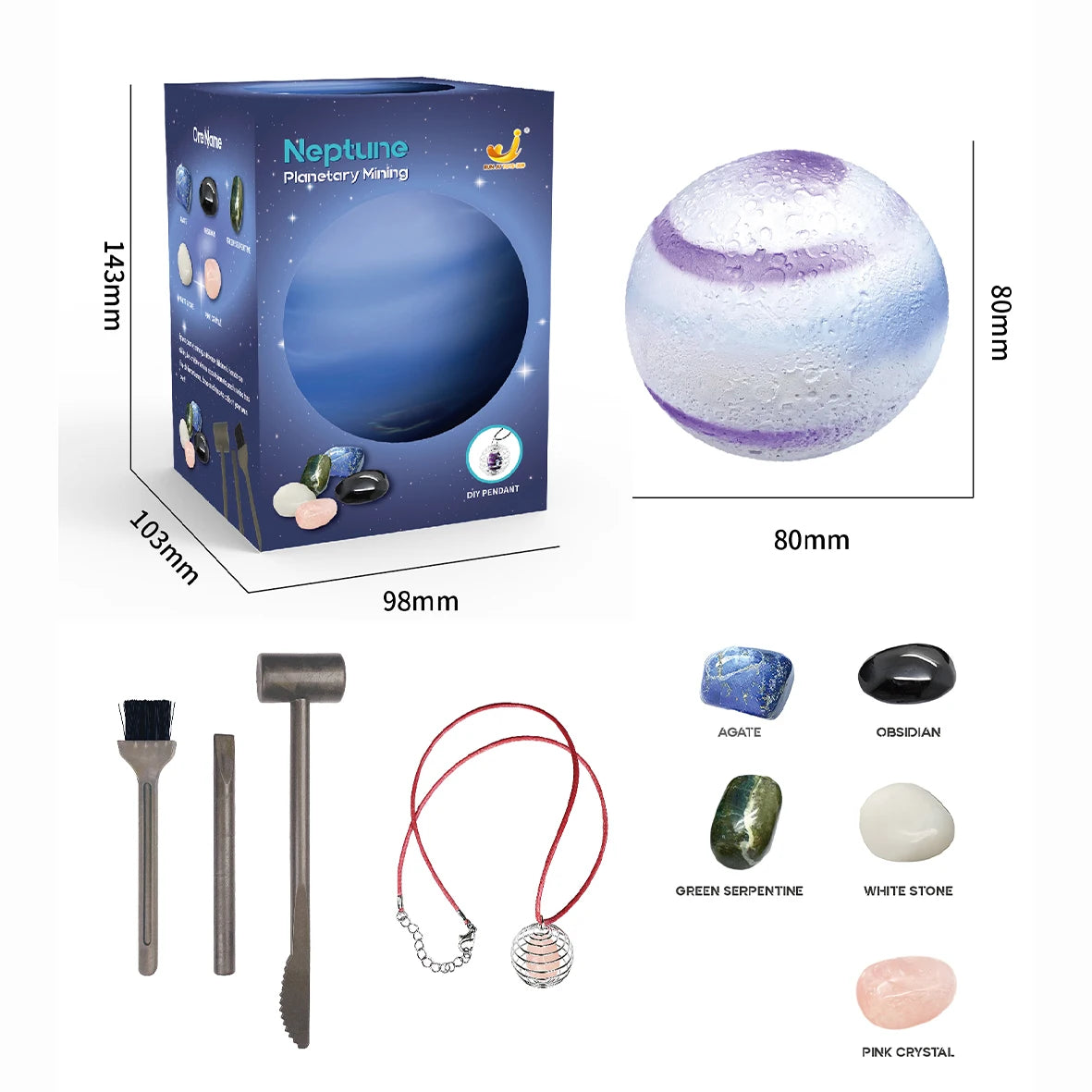 A box containing a planet gem digging kit with tools and various colored stones like agate obsidian and pink crystal.