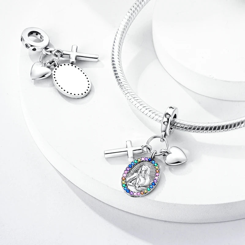 Sterling silver charm beads set featuring cross, angel, and evil eye designs for DIY jewelry making