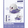 A set of white and purple cute birds DIY building blocks with packaging and dimensions shown.
