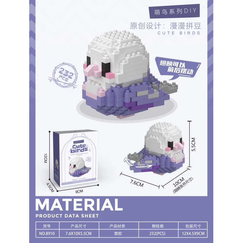 A set of white and purple cute birds DIY building blocks with packaging and dimensions shown.