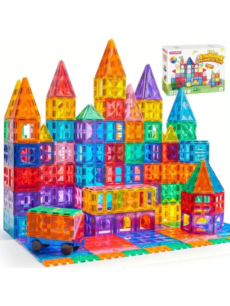 A colorful 110-piece magnetic building tiles set featuring various geometric structures and a vehicle for kids.