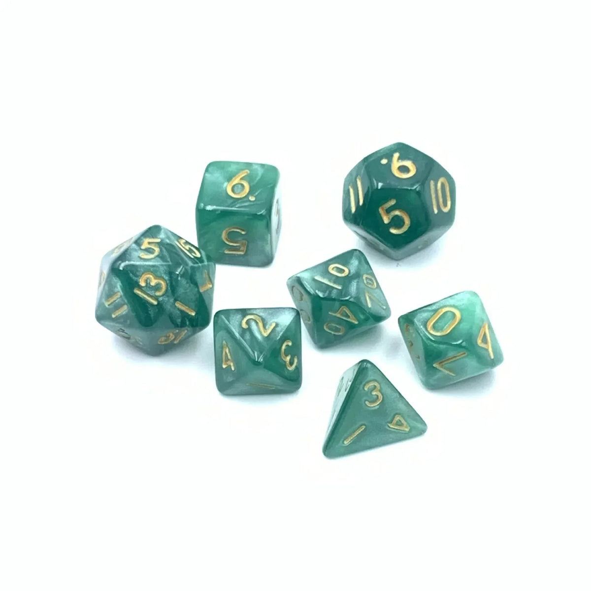A set of seven green polyhedral dice, including a d6 and d10, scattered on a white background.