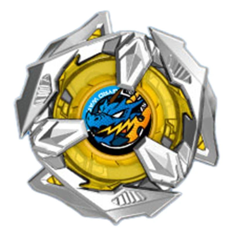 Tête de dragon bleue en argent et or sur une toupie tournante.