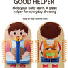 Wooden multi-layer busy board for toddlers showing a baby dressing, with positive and reverse options.