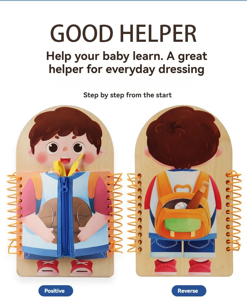 Wooden multi-layer busy board for toddlers showing a baby dressing, with positive and reverse options.