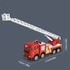 A red pull-back fire truck toy with a movable ladder, shown in a side view.