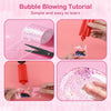 A tutorial showing how to use a red bubble blowing tool to inflate colorful nano tape bubbles on a pink surface.