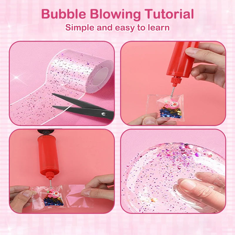 A tutorial showing how to use a red bubble blowing tool to inflate colorful nano tape bubbles on a pink surface.