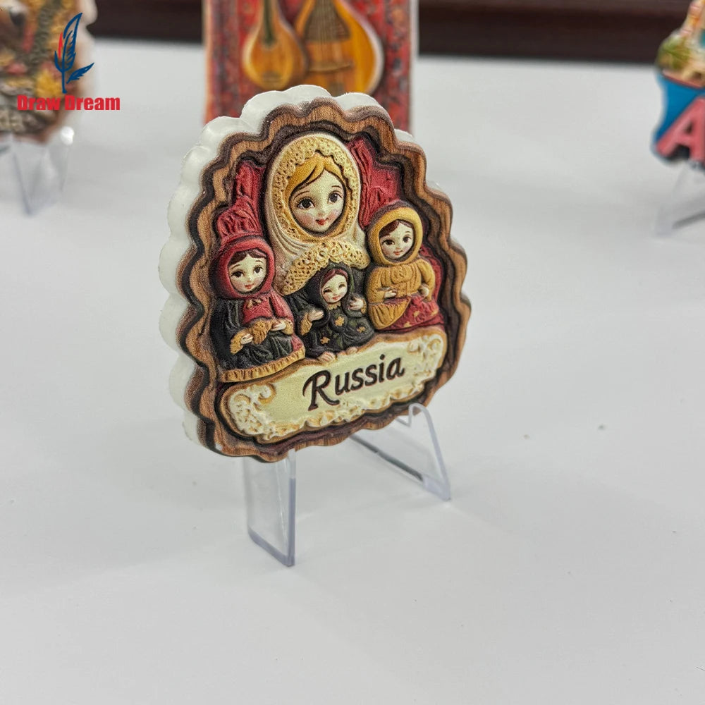 A creative 3D refrigerator magnet featuring a group of women in traditional Russian-inspired attire with the word Russia.