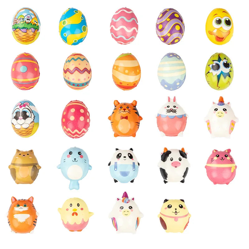 A collection of colorful, egg-shaped squishy fidget toys featuring various animal and decorative patterns.