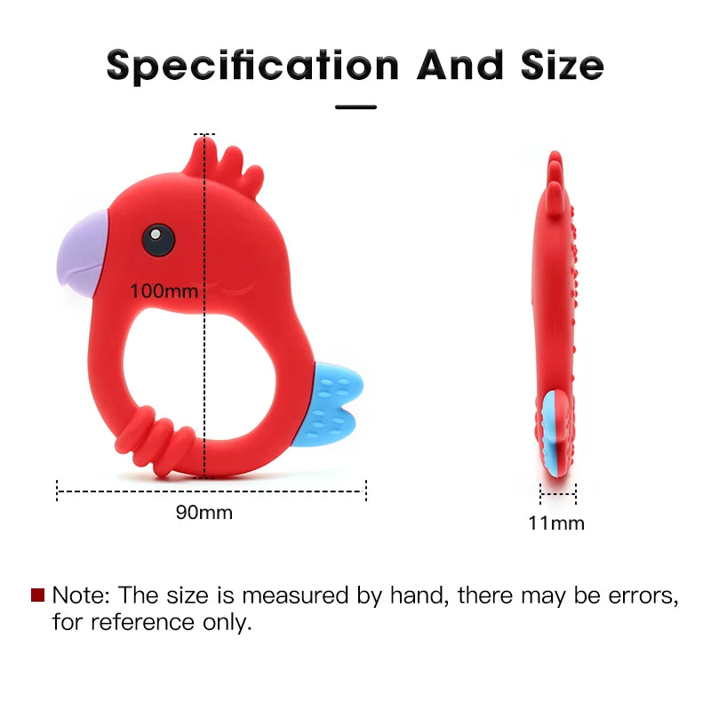 Red crab-shaped silicone baby teether with a 100mm opening and a 11mm tip.