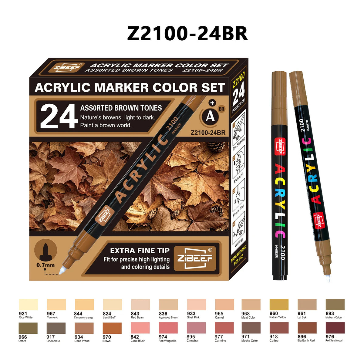 Box of Z2100-24BR acrylic marker color set featuring 24 assorted brown tones and a fine tip applicator.