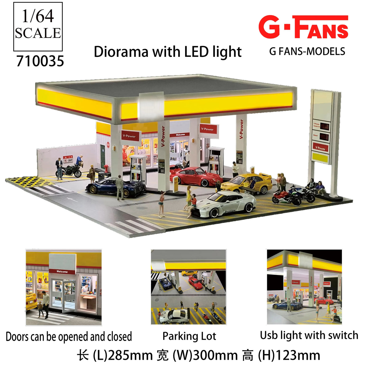 1/64 scale LED miniature car garage diorama featuring a parking lot and storefront models