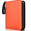Orange PU leather card binder with a black zipper and strap.