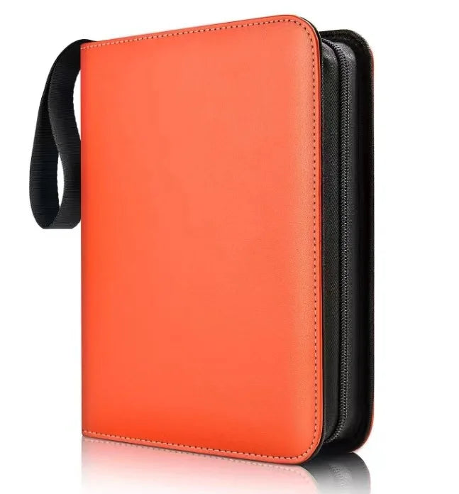 Orange PU leather card binder with a black zipper and strap.