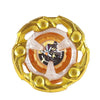 A gold metal spinning top with a clear plastic balance and an internal mechanism visible.