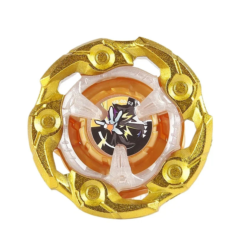 A gold metal spinning top with a clear plastic balance and an internal mechanism visible.