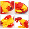 A set of red and yellow twist and transform dinosaur egg toys shown from various angles.
