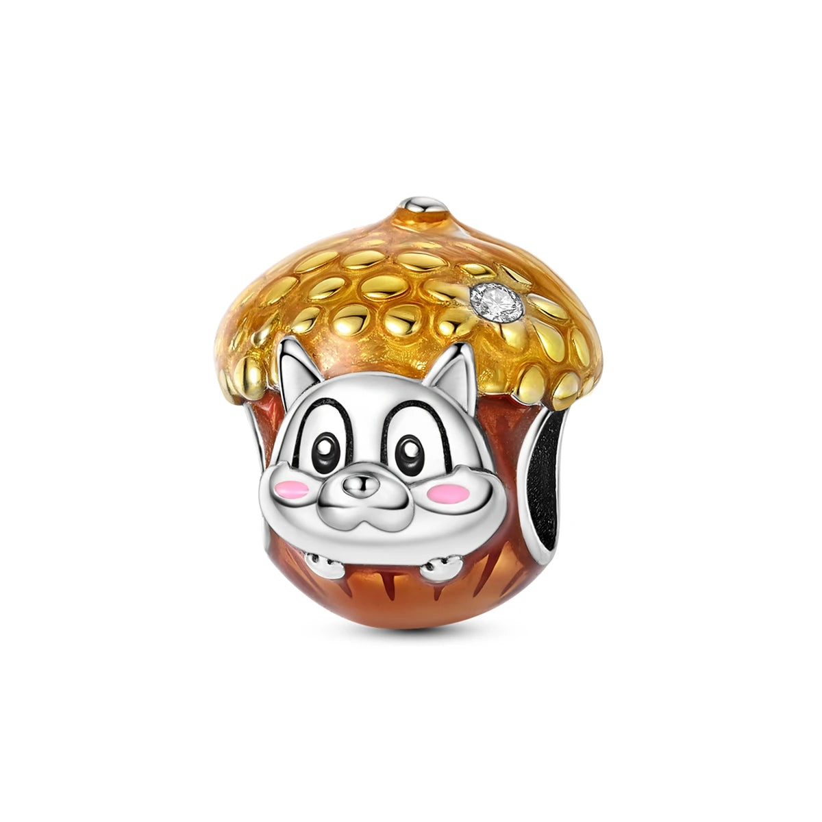 A silver charm bead shaped like a fox head with pink accents and a golden fruit texture.