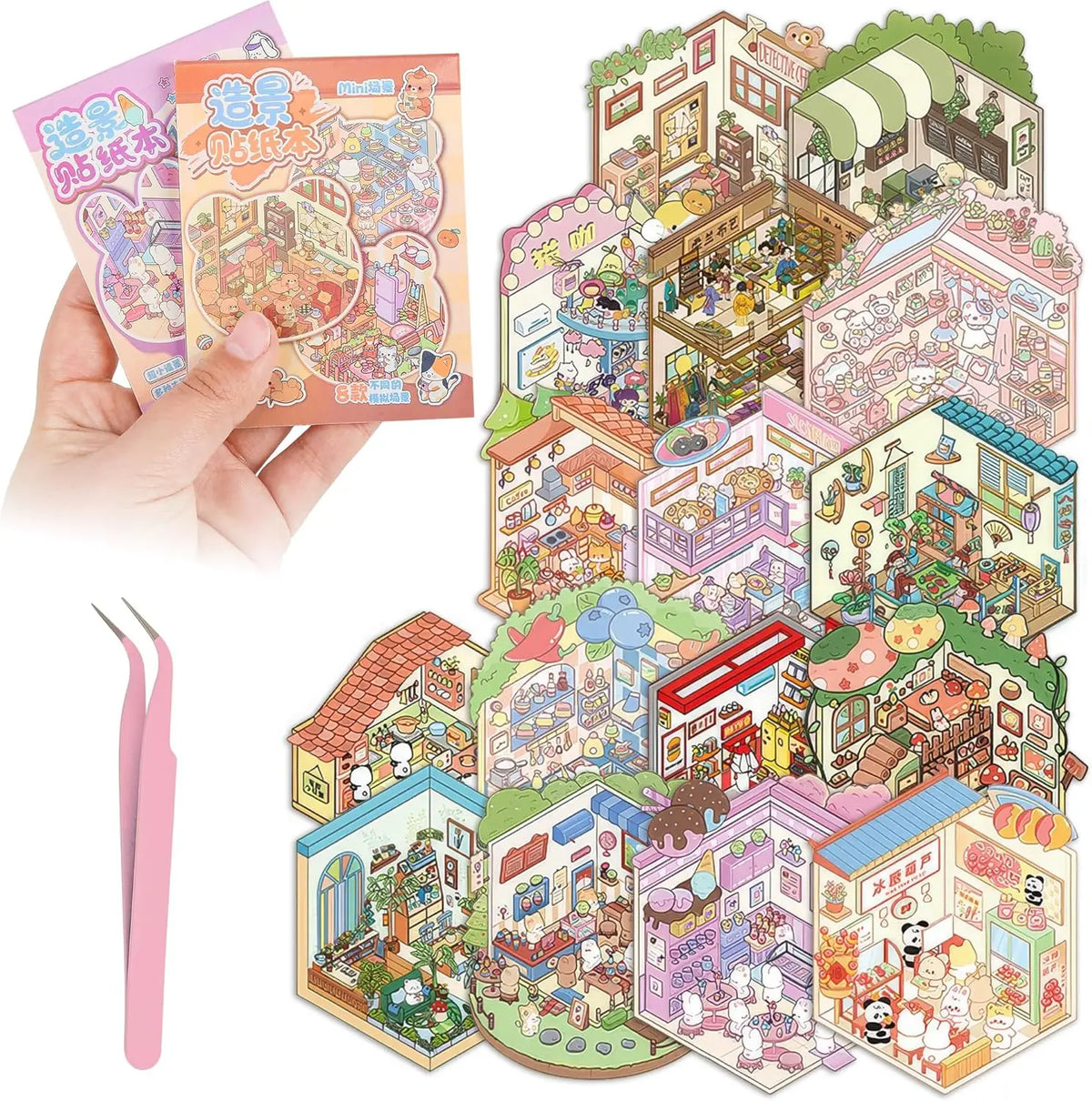A hand holds an open book of DIY 3D sticker scenes and craft kits featuring colorful miniature buildings and landscapes.