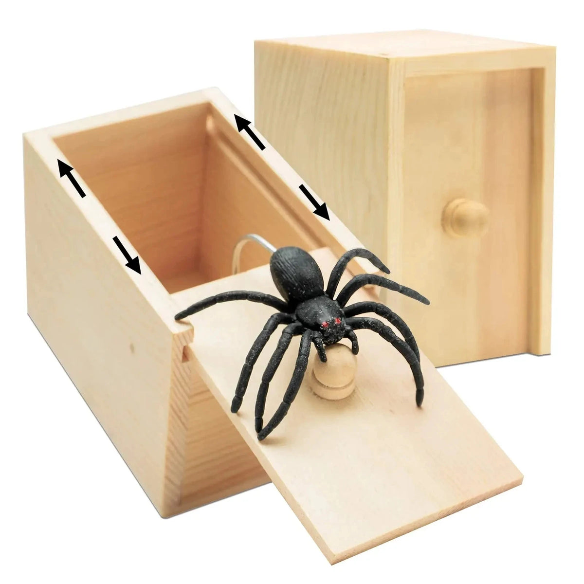 A wooden prank can containing a realistic black spider model and a small wooden chip.
