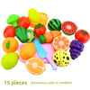 A set of 15 colorful pretend play cutting food toys including fruits and vegetables.