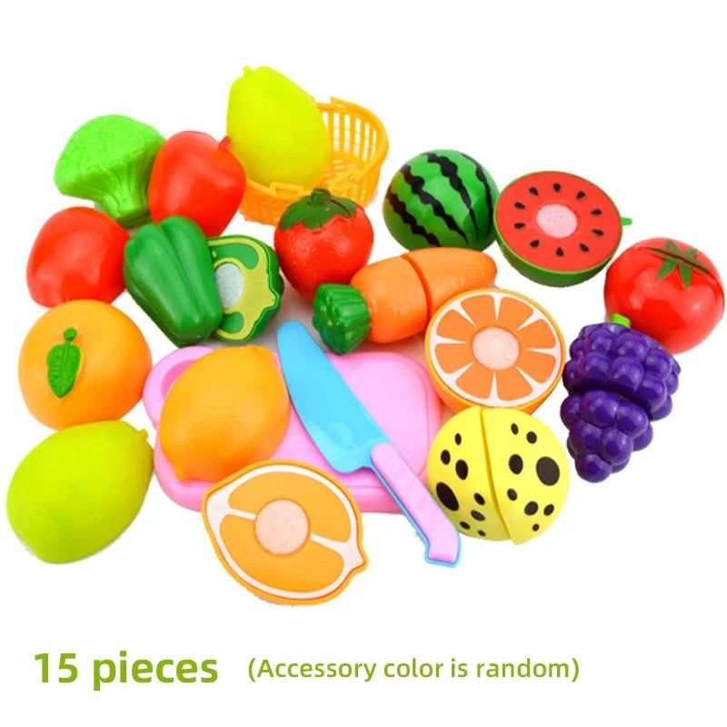 A set of 15 colorful pretend play cutting food toys including fruits and vegetables.