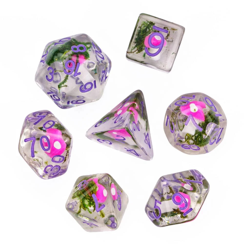 A set of polyhedral dice featuring a mushroom theme with pink and green accents.