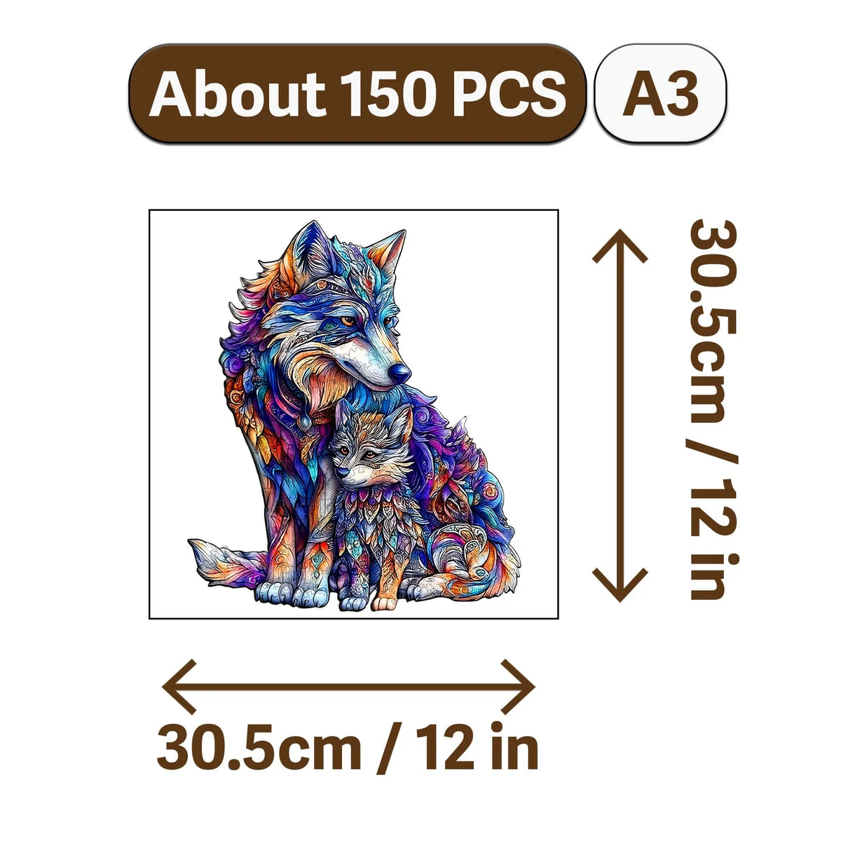 A detailed illustration of a fox and a kitten made from colorful wood, intended as a jigsaw puzzle.