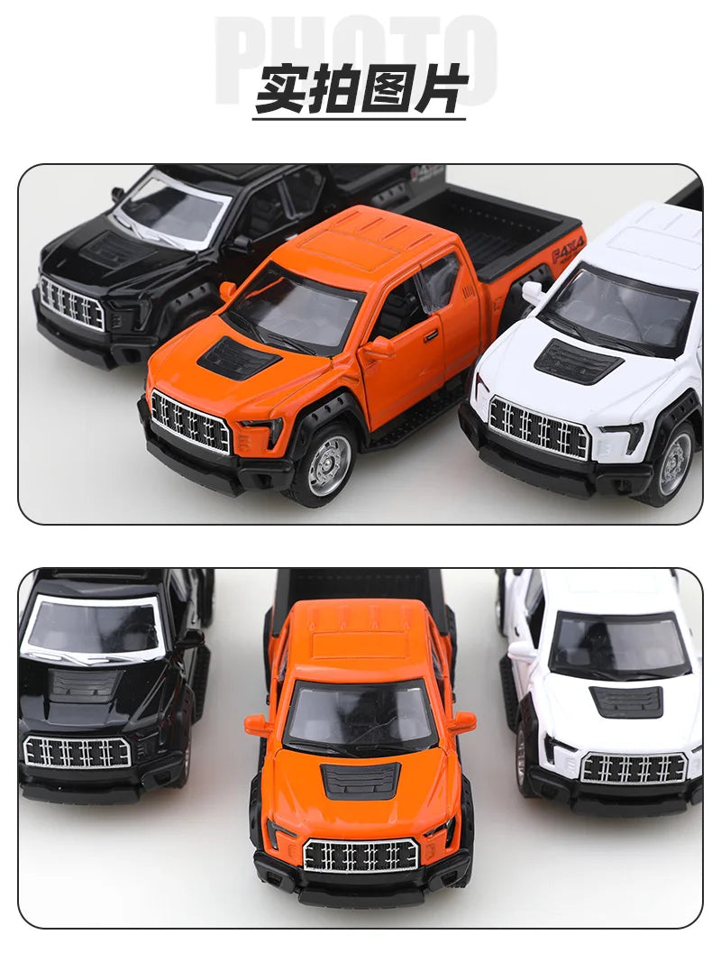 Three die-cast metal F150 off-road pickup trucks in black, orange, and white colors shown from different angles.